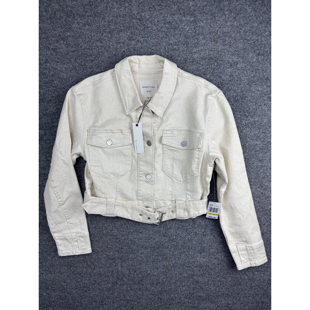 Habitual Jacket Womens Medium Ivory Cropped Belted Denim Jean Button Front Hem